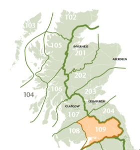 Drawing of Seed Zone map of Scotland showing seed zone 109